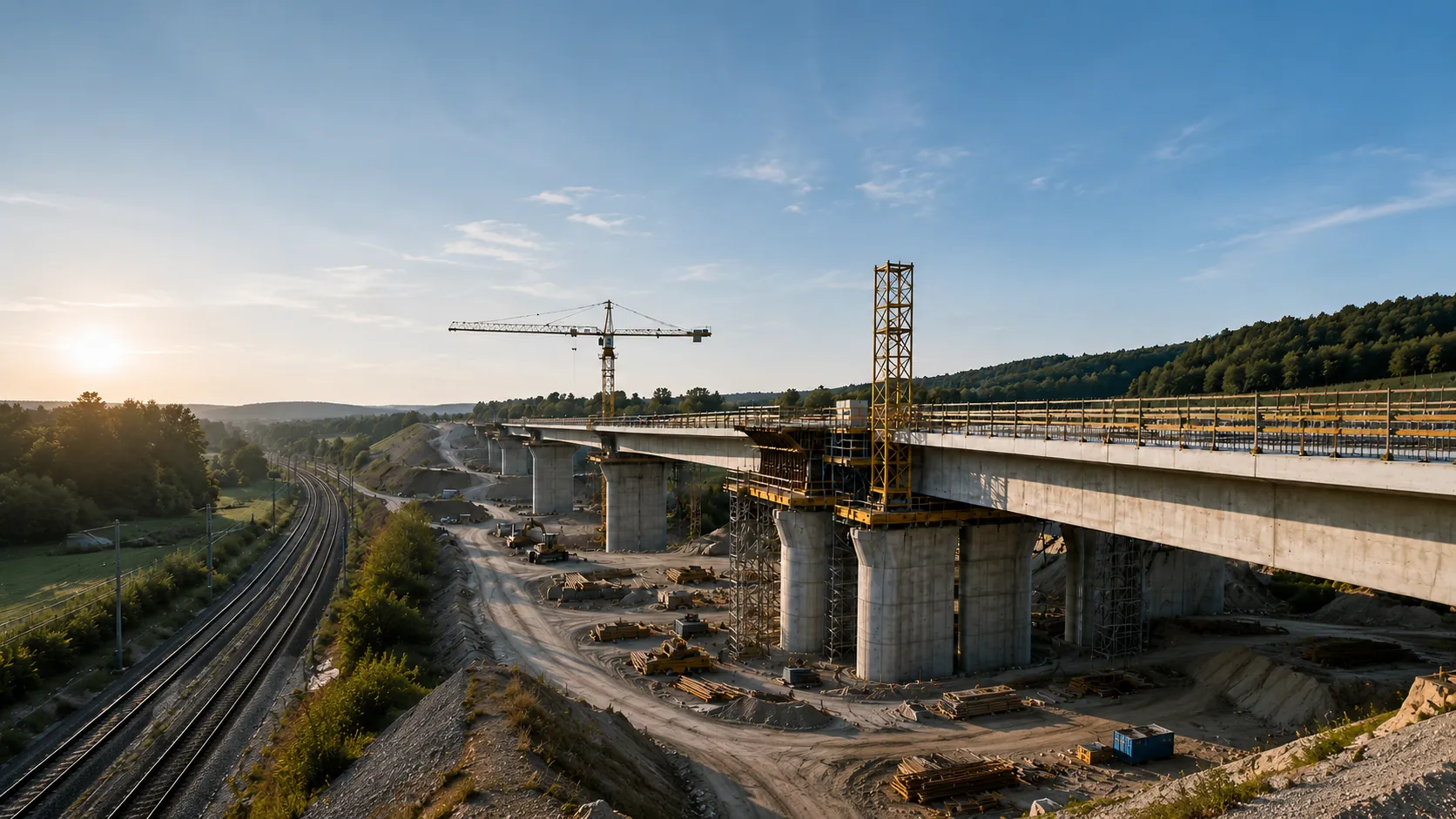 Brückenbaustelle mit Kränen im Abendlicht