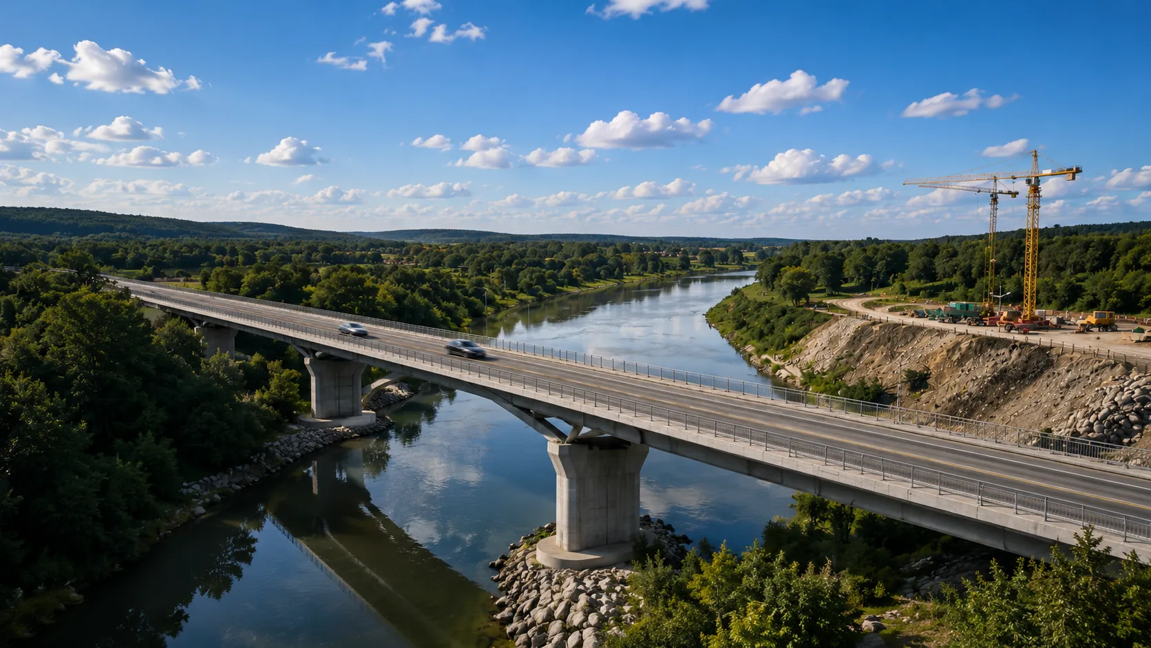 Straßenbrücke über einen Fluss mit angrenzender Baustelle