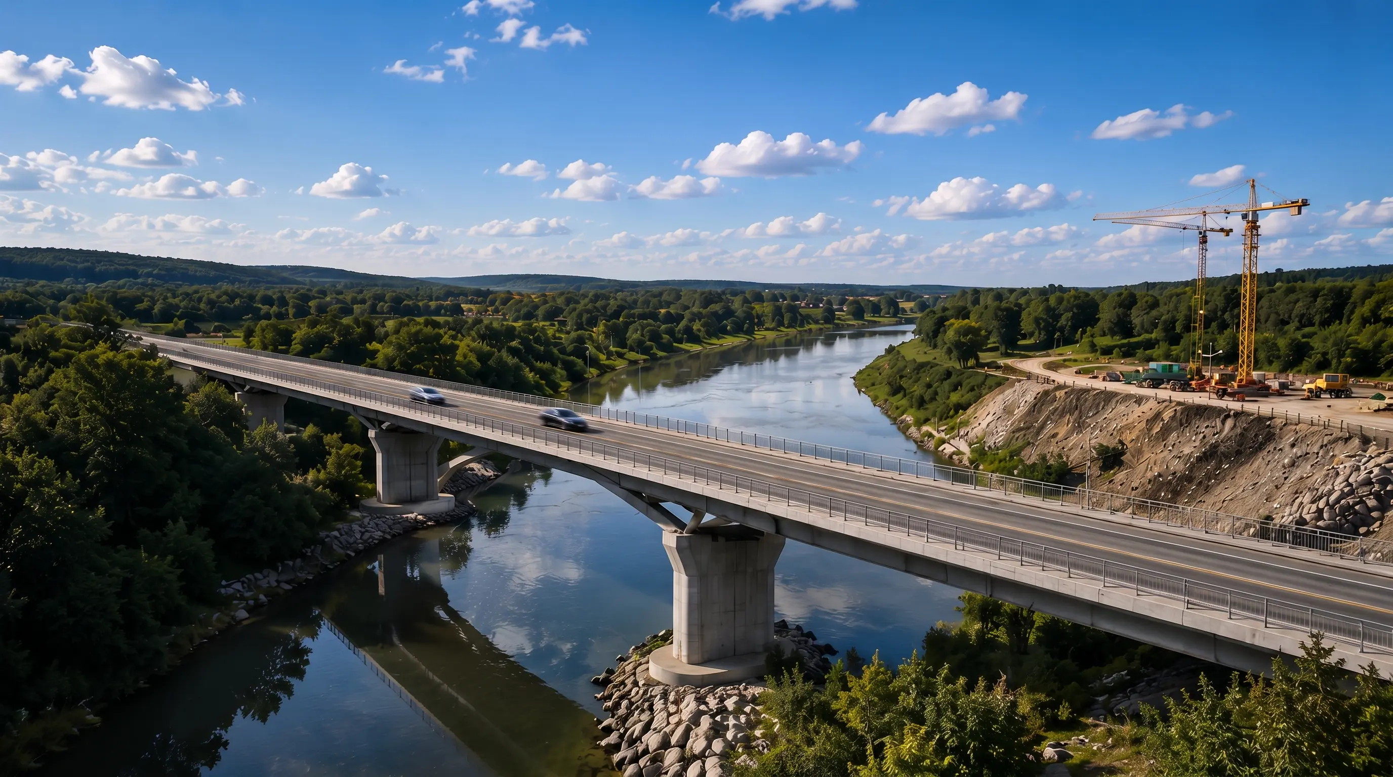 Straßenbrücke über einen Fluss mit angrenzender Baustelle