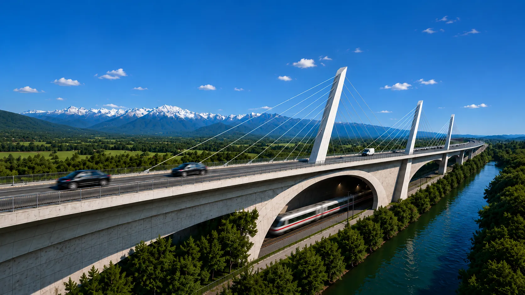 Schrägseilbrücke mit Straßen- und Bahnverkehr vor Bergpanorama